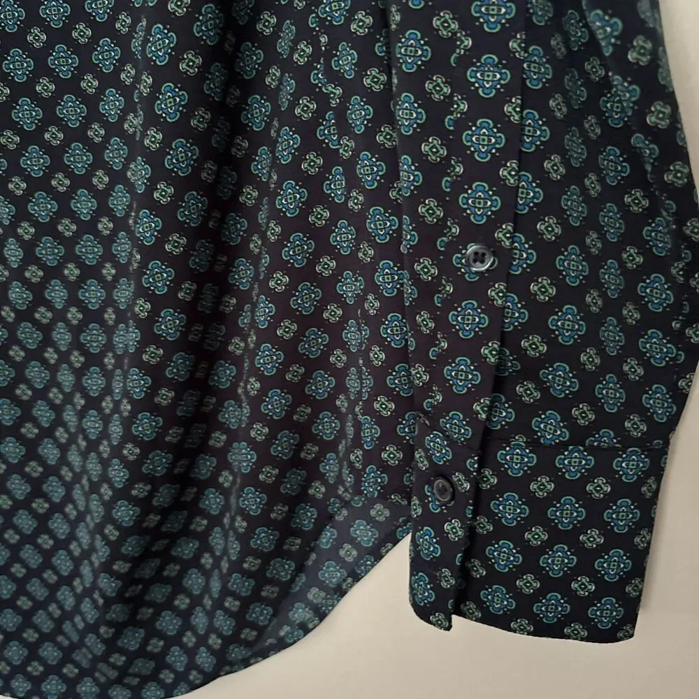 J.Crew Sz. XS Navy Blue Teal Geometric Print Hidden Button Neckline Blouse #19